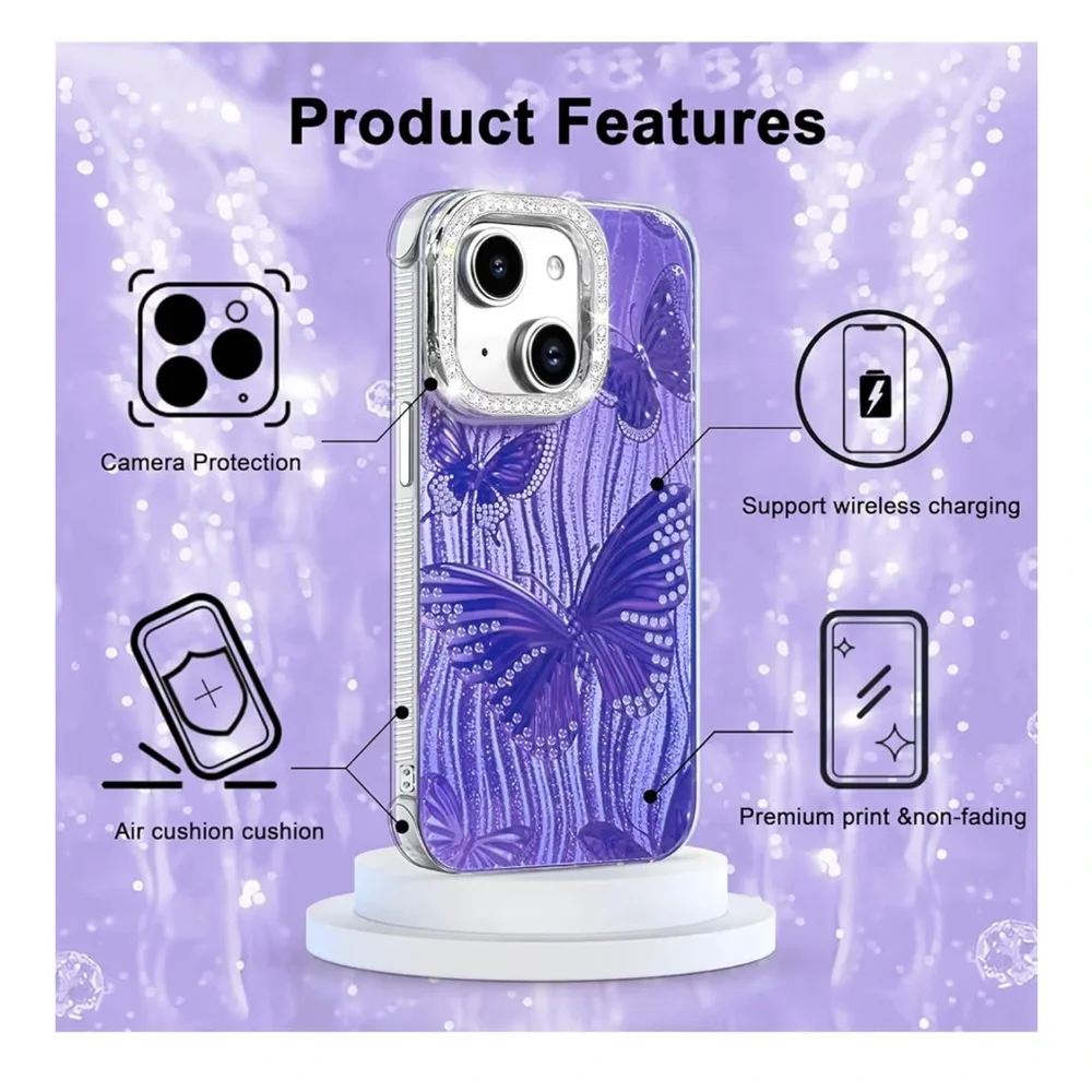 iPhone 14 iPhone 13 Case Butterfly Design 3D Diamond Camera Lens NEW Purple